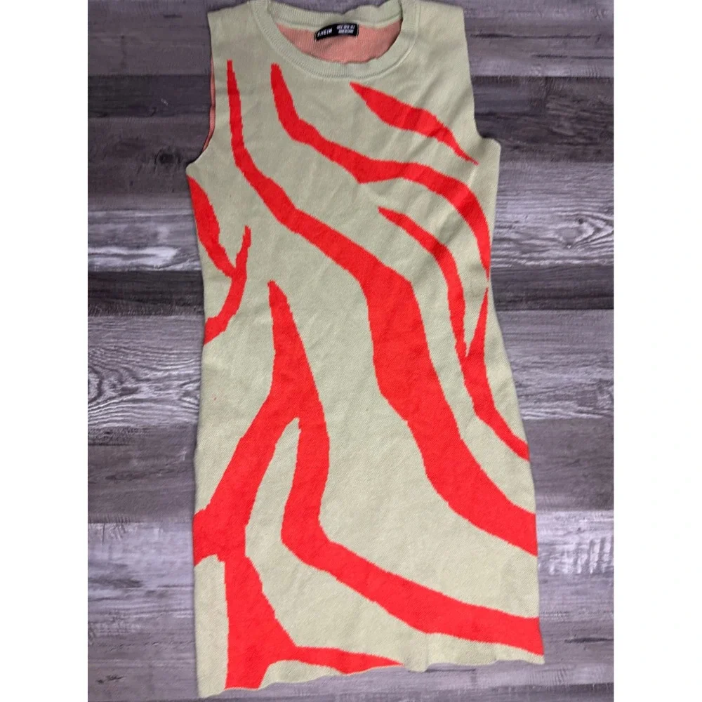 SHEIN Womens Sage Green Orange Zebra Print Knit Sleeveless Sweater Mini Dress S - Picture 2 of 3